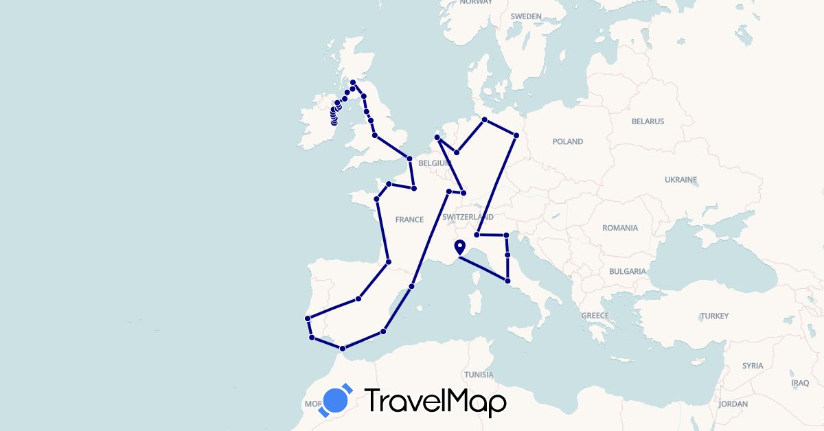 TravelMap itinerary: driving in Germany, Spain, France, United Kingdom, Ireland, Italy, Portugal (Europe)